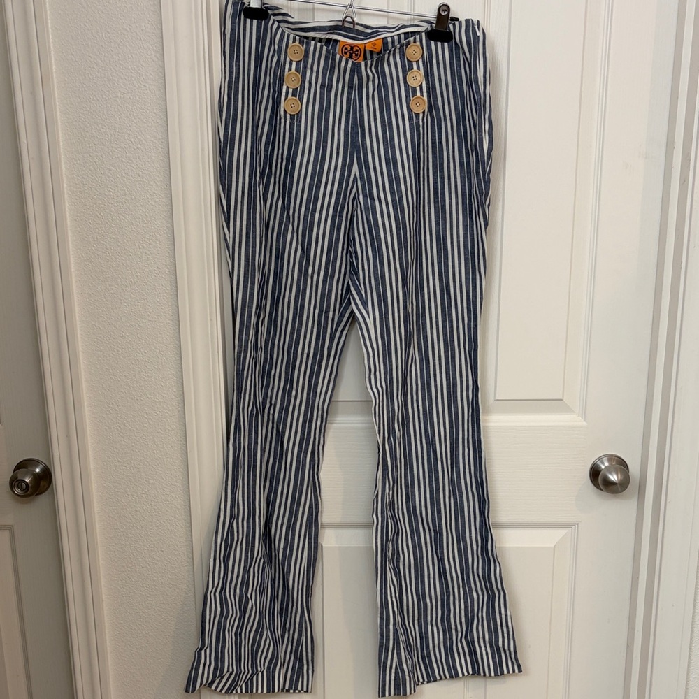 Tory Burch Navy and Cream Striped Pants